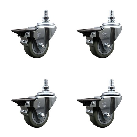 Service Caster 3 Inch Gray Polyurethane 10 MM Threaded Stem Caster Set with Brake SCC-TS20S314-PPUB-PLB-M1015-4